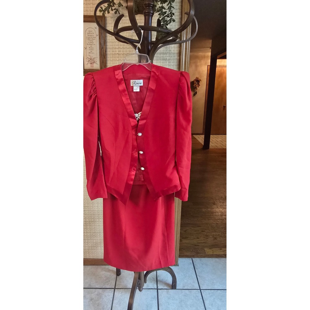 Rimini Vintage Red Skirt Suit Set Satin Trim Pearl Buttons Size 8